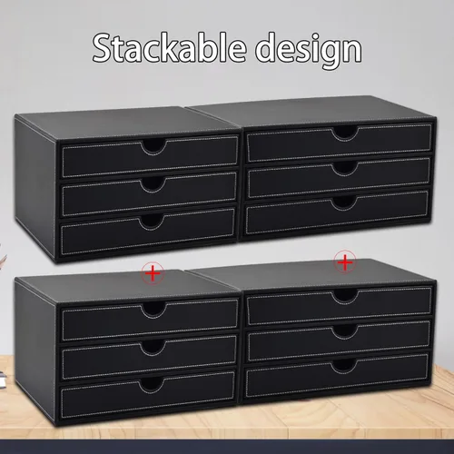 Miniatura 6 de Organizador de escritorio de piel sintética con 3 cajones, suministros de oficina ejecutivos, archivador A4, soporte para joyas, facturas, papel