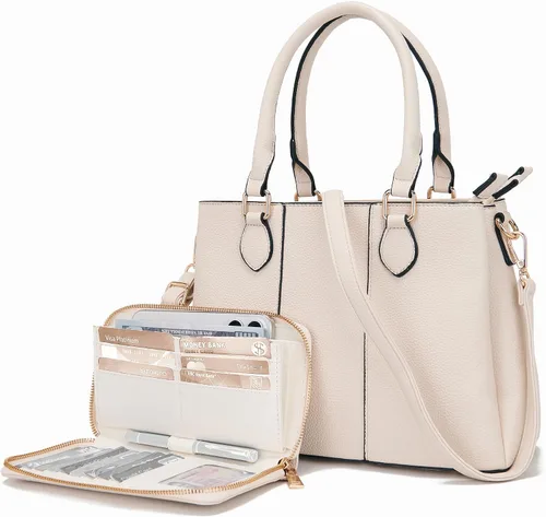 Juego de bolsos y billeteras para mujer, bolso cruzado con asa superior, bolso de mano, cartera de hombro de cuero sintético A7-2pcs/Set Beige