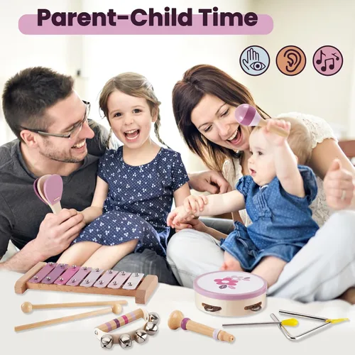 Miniatura 5 de BUYGER Instrumentos musicales para bebés con xilófono, juegos de instrumentos de percusión de madera con bolsa de almacenamiento, regalos educativos