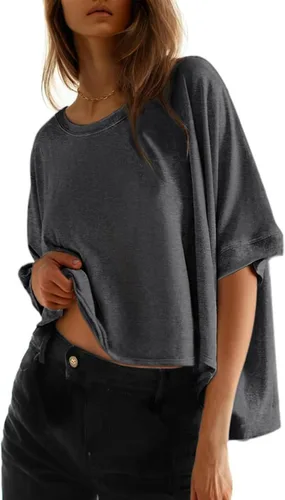 Miniatura 9 de Dokotoo -Camisetas de verano para mujer, color liso, holgadas, de gran tamaño, básicas