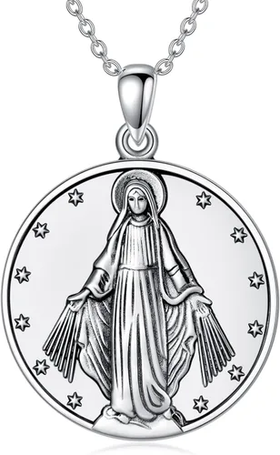 POTOPYY S925 - Collar con colgante de plata de ley de San MiguelSan Benito y Virgen María para hombres y mujeres Plata esterlina