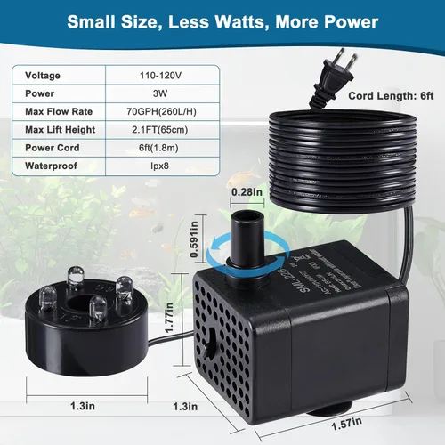 Miniatura 3 de Mini bomba sumergible de 70 GPH con luces LED (260 L/H, 3 W), bomba de agua sumergible para acuario ultra silenciosa, bombas de fuente de estanque