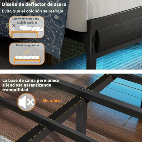 Miniatura 7 de Furnulem Base de cama Queen con cabecero y estante de almacenamiento, luz LED y estación de carga, cama de plataforma de metal con listones
