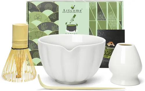 Artcome Juego de té Matcha japonés de 4 piezas, cuenco Matcha con boquilla de vertido, batidor de matcha, cuchara de té, soporte para batidor, kit