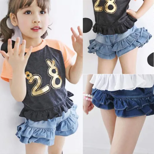 Miniatura 5 de TIBE PINCESS Pantalones cortos de mezclilla para niñas de 2 capas con volantes de encaje para niños, falda de entrenamiento de bebé, pantalones