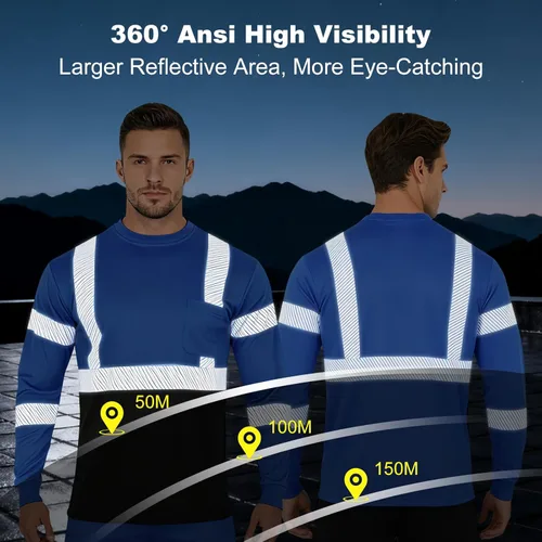 Miniatura 5 de FONIRRA Camisas reflectantes de seguridad de alta visibilidad para hombres ANSI Clase 3 Hi Vis, camisetas de trabajo de construcción de manga larga