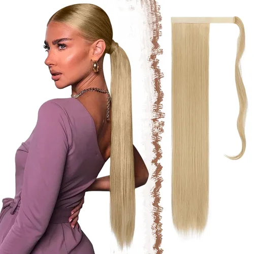 Miniatura 7 de FESHFEN Extensiones de cola de caballo largas y rectas, extensiones de cola de caballo sintéticas para mujer, color negro natural, 24 pulgadas