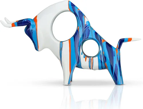 Estatua de toro pintada de resina, decoración abstracta de animales domésticos, adornos huecos de color escultura de toro (azul B)