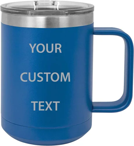 Miniatura 9 de Vaso de viaje de acero inoxidable de 15 onzas con aislamiento de texto personalizado, taza de café para beber auto, asa, tapa deslizante, Blanco