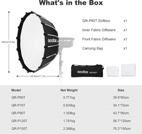Miniatura 7 de Godox Bowens Mount Softbox QR-P60T - Caja de luz de liberación rápida de 23.6 pulgadas con bolsa de transporte, 2 difusores para fotografía