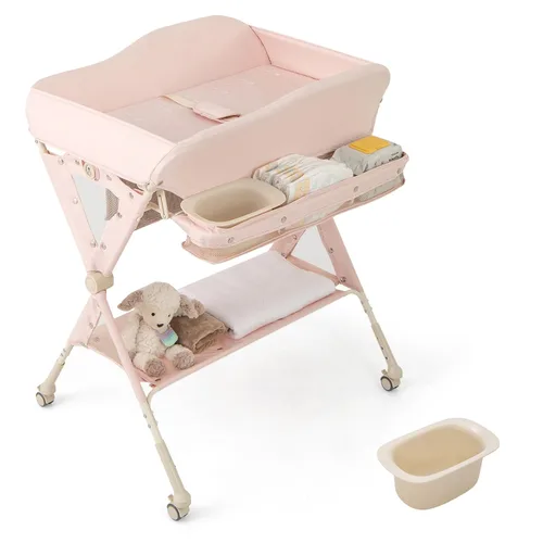 Miniatura 10 de BABY JOY Cambiador portátil para bebé, estación de cambio de pañales plegable con ruedas, altura ajustable, estante de almacenamiento grande, lavabo