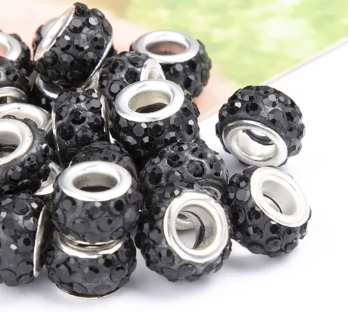 Decoendiy 100 cuentas europeas de diamantes de imitación, cuentas espaciadoras de diamantes de imitación de agujero grande, cuentas planas redondas