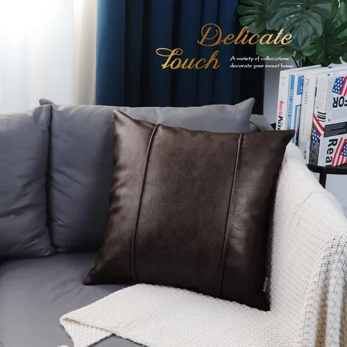 Miniatura 6 de BRAWARM Fundas de Almohada Decorativa de Cuero Café de 22 x 22 Pulgadas - Funda de Almohada de Piel Sintética con Ribetes, Almohada Decorativa