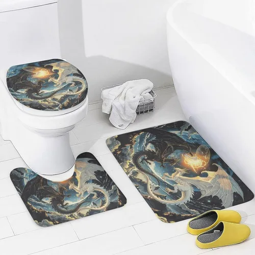 Miniatura 4 de Juego de 4 cortinas de ducha con diseño de dragón y luna de fantasía, juego de decoración de baño con alfombras, tapete de baño, cortina de ducha