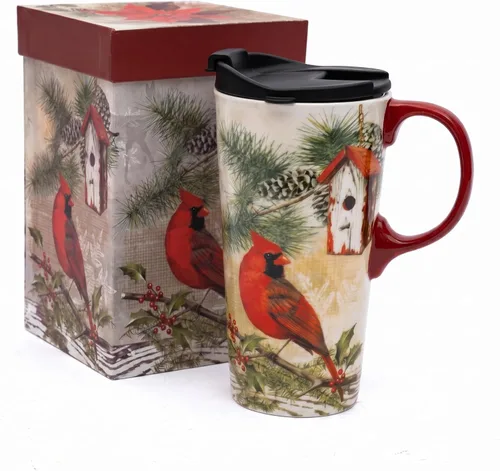 Topadorn Taza de viaje de cerámica de Navidad, taza de café con leche con tapa y caja de regalo para vacaciones, 17 onzas
