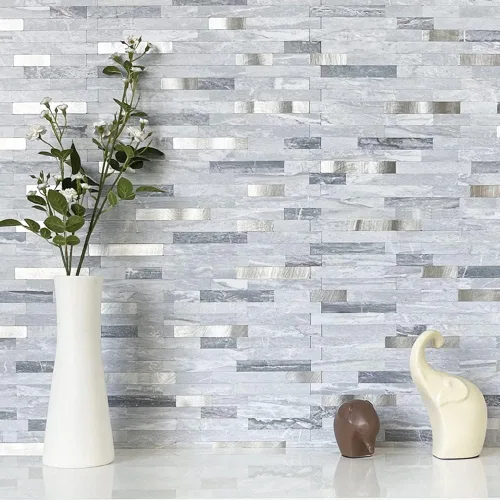 Miniatura 2 de DICOFUN - Azulejo adhesivo de loseta en muro para la cocina, piedra faxu gris claro, PVC con metal mixto, 1 lámina