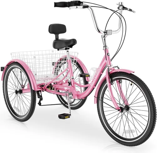 Miniatura 13 de MOPHOTO Triciclo para adultos de 7 velocidades, 20/24/26 pulgadas, triciclo para adultos con canasta trasera grande, 350 libras de capacidad