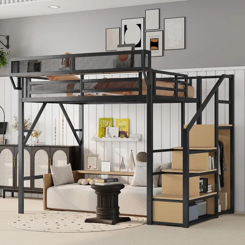Miniatura 11 de KEIKI Estructura de Cama Loft de Metal Tamaño Twin con Escalera Convertible, Estantes de Almacenamiento Integrados y Armario, Cama Loft con Listones