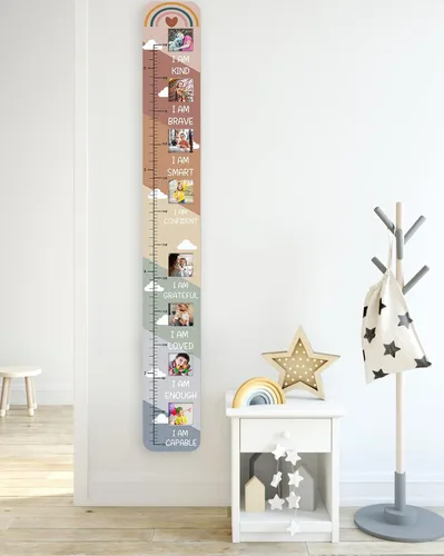 Miniatura 7 de Tabla de crecimiento inspiradora de madera maciza para niños con ventanas de fotos, tabla de altura motivacional para niños, tabla de pared plegable