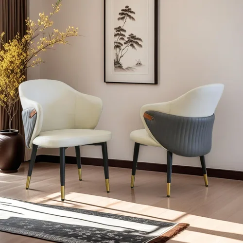 Miniatura 26 de Montary Juego de 2 sillas de comedor, modernas sillas de comedor con patas de acero dorado, elegantes sillas de piel sintética beige con respaldo