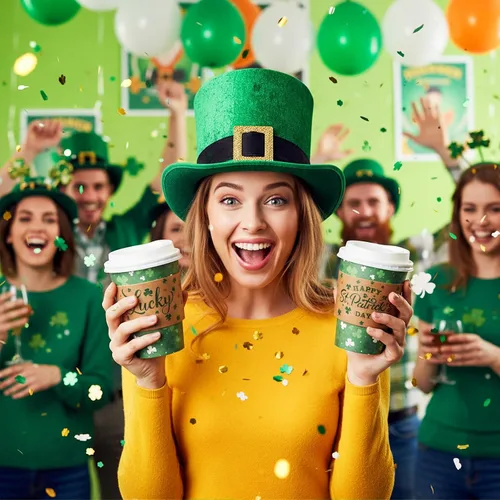 Miniatura 3 de Layhit Juego de 100 tazas de café desechables para el día de San Patricio con tapas y mangas, pajitas de 12 onzas con trébol verde para bebidas