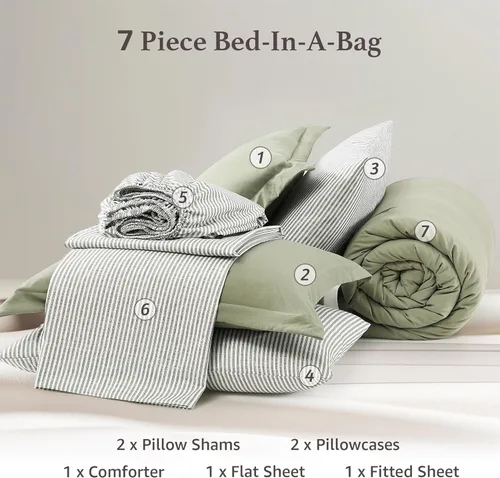 Miniatura 7 de Monbix Juego de Edredón de Tamaño Completo - 7 Piezas Verde Oliva Prelavado Ropa de Cama en una Bolsa Juegos de Ropa de Cama Completos
