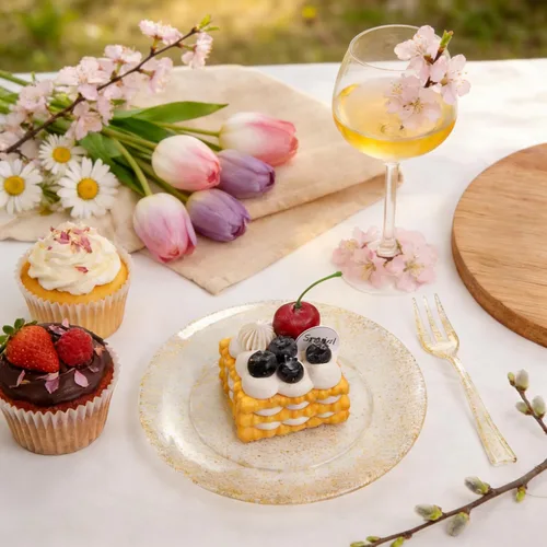 Miniatura 7 de Festiva 200 platos de postre dorados con purpurina de 6.3 pulgadas con tenedores de 5 pulgadas, platos pequeños de plástico para postre, pasteles