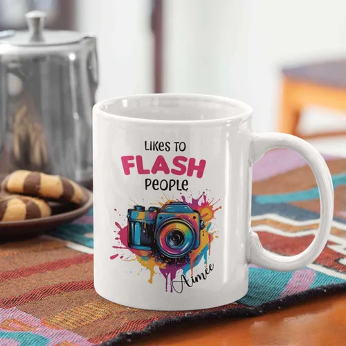 Miniatura 6 de Taza personalizada con texto en inglés "Me gusta destellar", taza de té de cerámica con cámara colorida personalizada con nombre, tazas de café