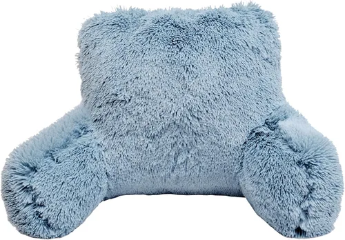 Almohada de felpa de felpa lanuda de piel sintética con brazos para sentarse en la cama, sofá, cojín de cuña de apoyo de espalda con funda Azul