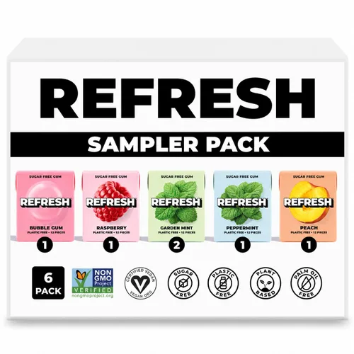 Miniatura 15 de Refresh Gum, Sin azúcar, natural, xilitol, goma de mascar de larga duración, sabores naturales, ingredientes orgánicos, sin plástico, sin OMG, sin