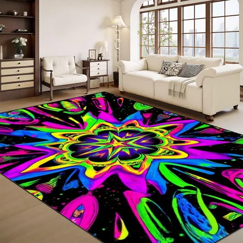 Miniatura 13 de Alfombra lavable de 8 x 10 pies para sala de estar, grande, suave, luz negra, sol, neón, reactiva a los rayos UV, luna celestial, estrella, planeta