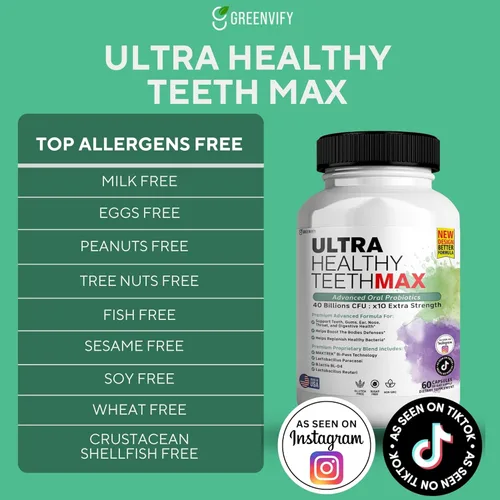Miniatura 3 de Suplemento probiótico Ultra Healthy Teeth Max, 40 mil millones de UFC, 60 cápsulas, fórmula avanzada de salud bucal (5)