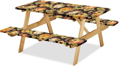 Miniatura 16 de Juego de 3 piezas de mantel de picnic con hojas de arce de pavo y girasol, lavable a máquina, fácil de instalar, funda para mesas y asientos Girasol