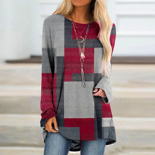 Miniatura 2 de Túnicas o tops para mujer para llevar con leggings, manga larga, ajuste holgado, ropa de otoño, cuello redondo, degradado, cómodas, blusas 05 Rojo