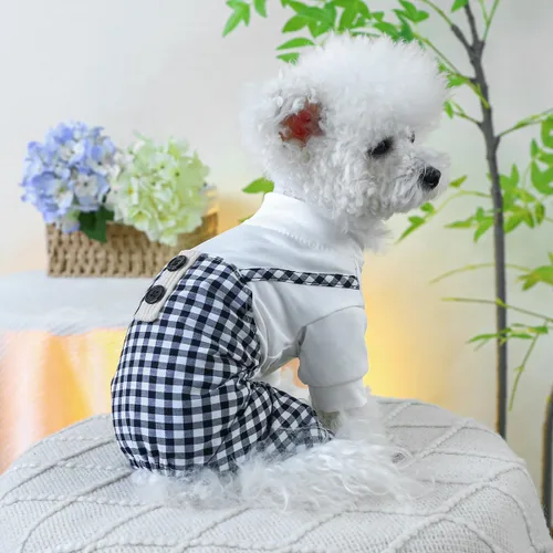 Miniatura 26 de Ropa de invierno para perros, camisas a cuadros para mascotas, elegante mono con babero para perros pequeños, lindos dibujos animados, monos