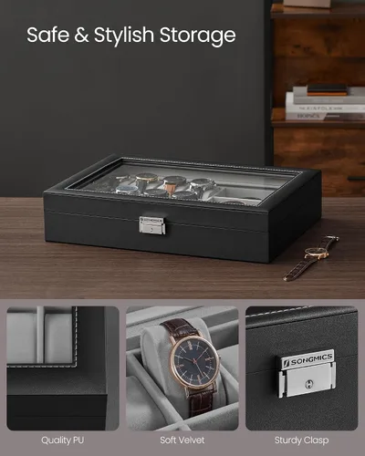 Miniatura 12 de SONGMICS 24 organizador y exhibidor negro de calidad superior, de vidrio, con funda para reloj, de piel sintética UJWB024