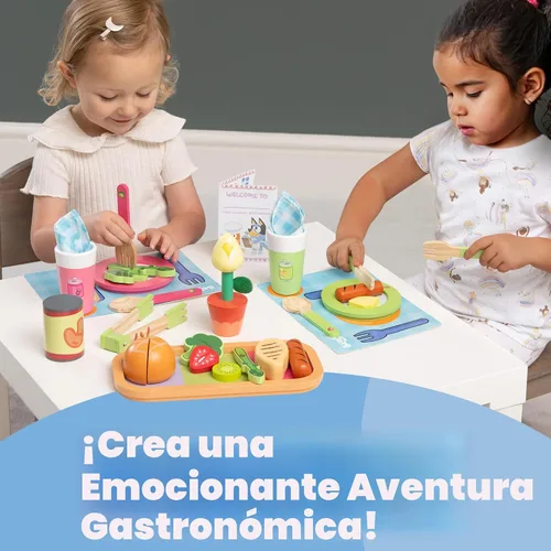 Miniatura 7 de Bluey Frutas y verduras de juguete para niños pequeños, 32 piezas de comida de simulación con platos, utensilios, comida de juego para bebés