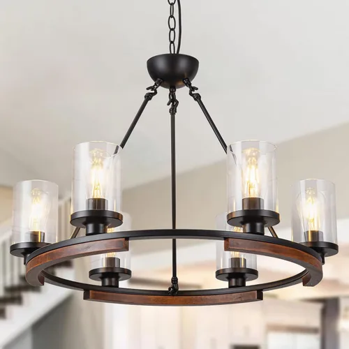 Miniatura 10 de Lámpara de Araña Lineal Moderna de Granja de 5 Luces para Isla de Cocina y Comedor – Luminaria Colgante Rústica Ajustable con Marco de Metal Negro
