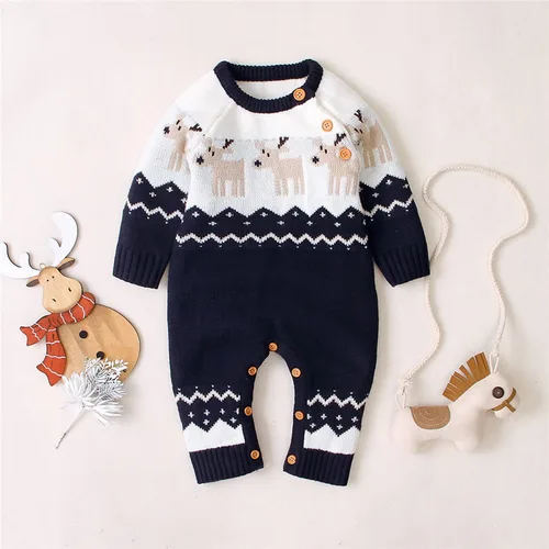 Miniatura 2 de Gueuusu Conjunto unisex de Navidad con estampado de dibujos animados, manga larga, suéter de punto, overol cálido para invierno