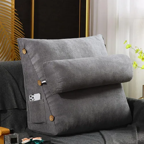 Almohada de lectura y televisión, almohada de cuña de espalda con almohada ajustable para el cuello y bolsillos, almohada de lectura para reposo en