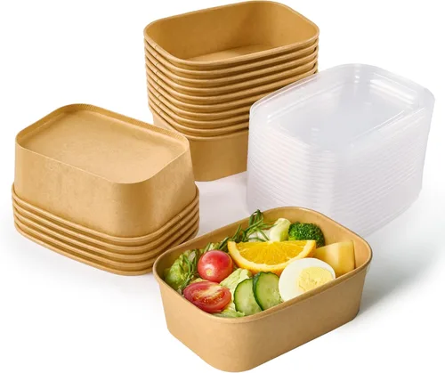JOLLY CHEF Paquete de 50 recipientes de papel para preparación de comidas con tapa de 25 oz, recipientes desechables rectangulares para alimentos,