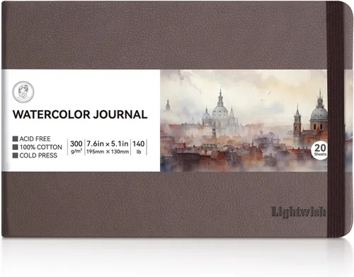 Lightwish Diario de acuarela, 100% algodón, papel de acuarela de prensa en frío, cuaderno de bocetos de 7.6 x 5.3 pulgadas, 20 hojas (140 Marrón