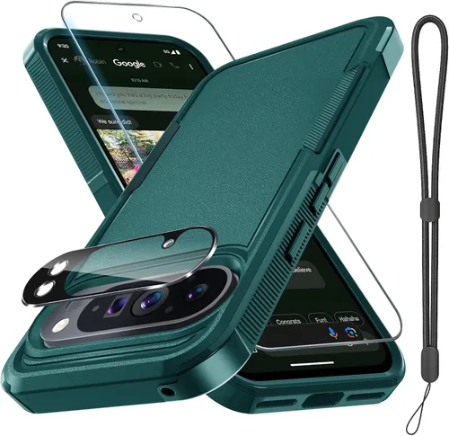 Miniatura 46 de Funda para Google Pixel 10 Pro XL con correa para la muñeca + protector de pantalla de vidrio templado + cubierta para lente de cámara, cuerpo Verde