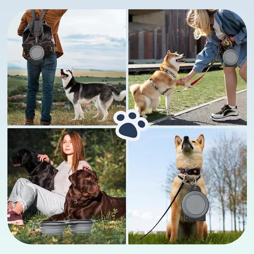 Miniatura 7 de Pawaboo Cuencos plegables 2 en 1 para perros, cuencos dobles para comida y agua, cuenco de silicona portátil de 180° con gancho de metal, comedero