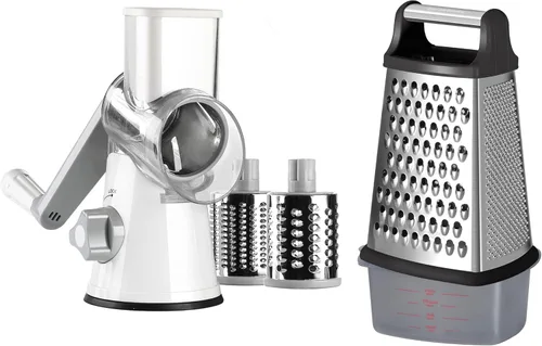 Ourokhome Rallador rotativo de queso y rallador de caja de acero inoxidable con recipiente de almacenamiento extraíble, guantes, pelador de verduras