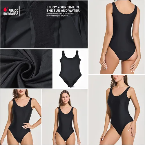 Miniatura 4 de feitycom Traje de baño menstrual negro de una pieza a prueba de fugas para adolescentes, niñas y mujeres
