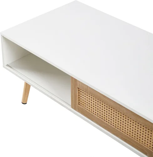 Miniatura 7 de IANIYA Mesa de centro con almacenamiento oculto, mesa central rectangular de 41.3 pulgadas con puerta tejida de ratán y patas de madera maciza
