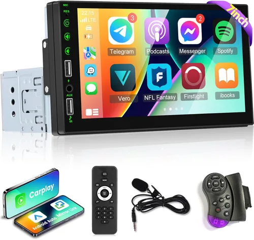 Estéreo HD de 7 pulgadas con pantalla táctil DIN individual - Carplay y Android Auto, radio de coche de 1 DIN con Bluetooth, enlace de espejo, radio