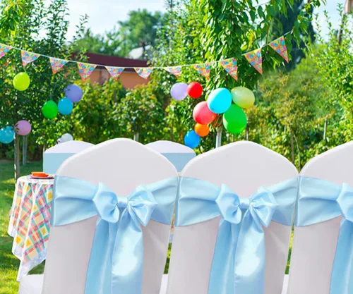 Miniatura 4 de Bandas de satén para sillas de color azul bebé, paquete de 50 lazos para sillas de color azul claro para boda, revelación de género, baby shower