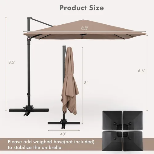 Miniatura 4 de Tangkula Sombrilla de patio voladiza de 9.5 pies, sombrilla cuadrada para exteriores con rotación de 360°, sombrilla colgante de patio resistente